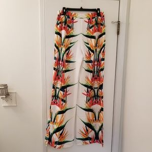 Bisou Bisou White Floral Print Lined Wide Pants M